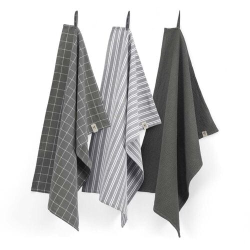 Walra Keuken- en Theedoekenset Dry with Cubes Uni, Stripes & Blocks Off Black