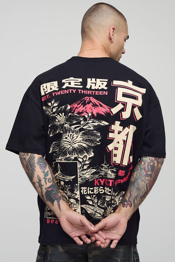 Zwarte oversized t-shirt met Kyoto bloemenmotief | Black | Size Medium