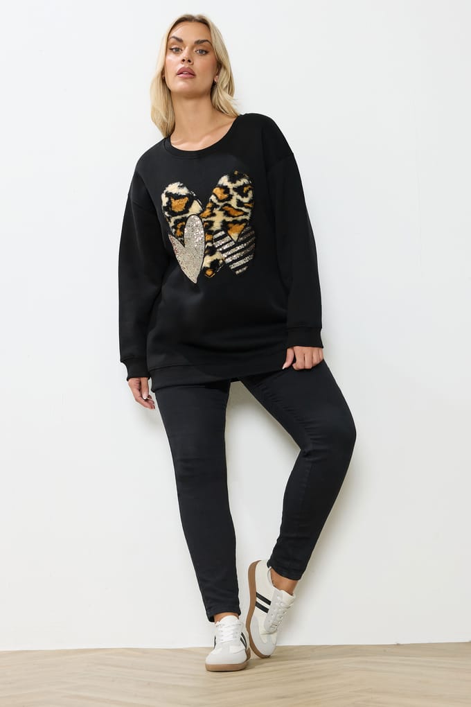 Yours Zwart Luipaard Imitatiebont Hart Sweatshirt Size 48