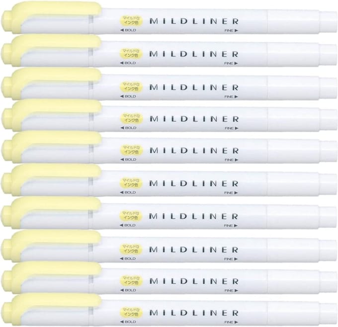 Zebra Mildliner Double-Sided Highlighter - Fine / Bold – Mild Yellow Set van 10 + een Luxe Zipperbag - WKT7-MY