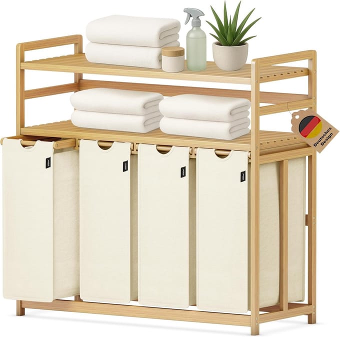 Wasmand Met Planken - Kleding Opberger - Was Sorteren - Vier Compartimenten - 198 Liter - Beige