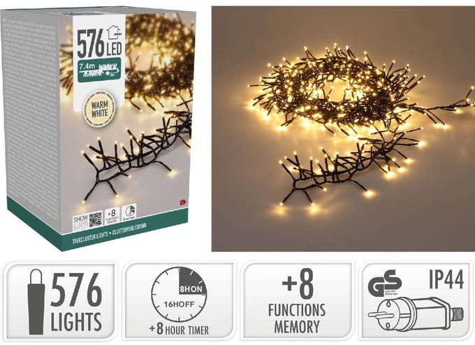 Treecluster Kerstboomverlichting - 576 LED Warm Wit - 740 cm - Timer - 8 Lichtstanden - Binnen Buiten