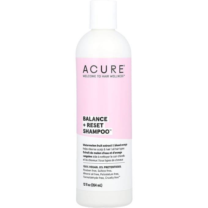 ACURE, Balance + Reset Shampoo, suitable for all hair types, Watermelon Fruit Extract and Blood Orange Flavor, 12 fl oz (354 ml) white