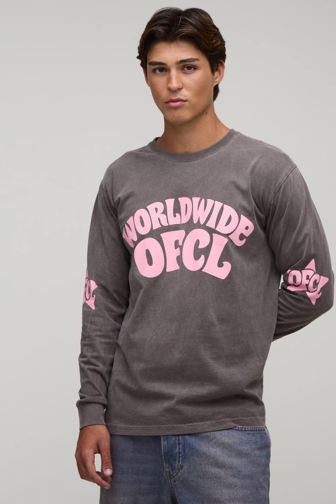 Chocoladebruin Regular Worldwide Print Gewassen Lange Mouw T-shirt | Chocolate | Size Medium
