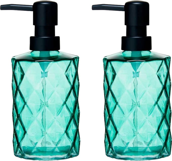 Berilo zeeppompje/dispenser Diamond - 2x - groen transparant - glas - 18 x 7 x 9 cm - 410 ml - badkamer/toilet/keuken