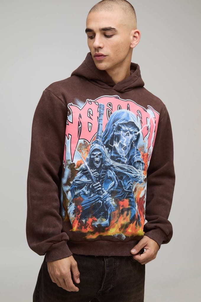 Boxy Washed Homme Gothic Graphic Distressed Hoodie | Brown | Size Medium