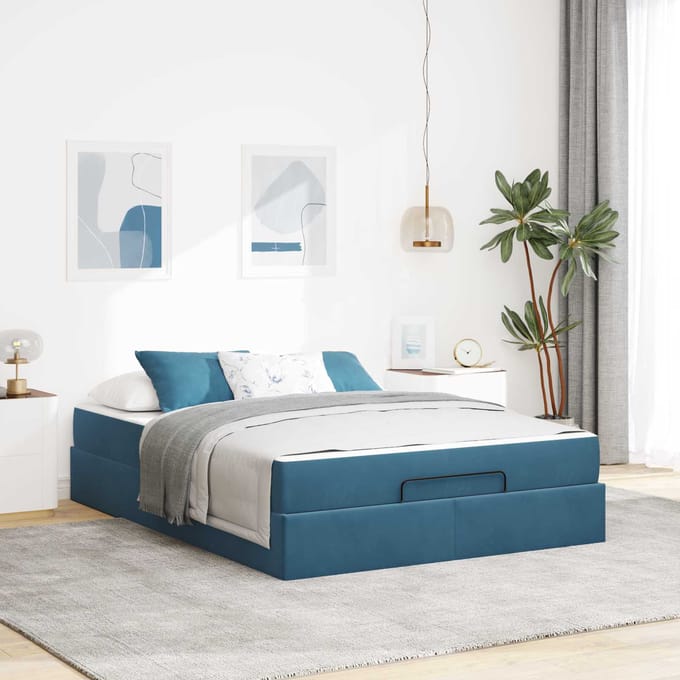vidaXL - Bedframe - met - matras - 2 - st - Blauw - Fluweel