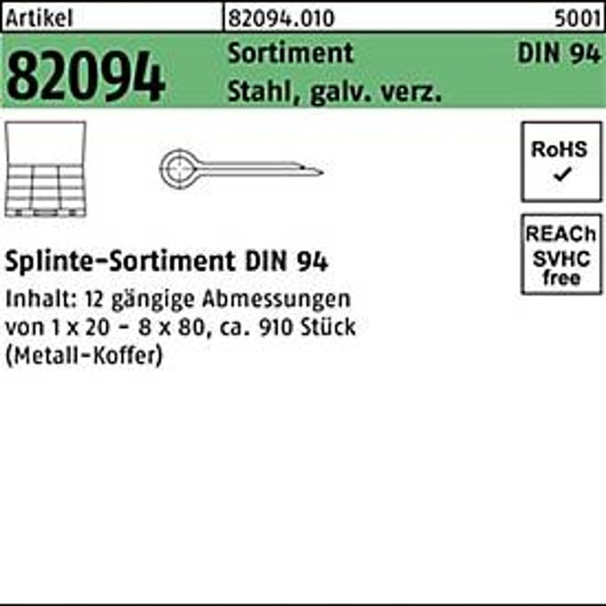 Splitpen assortiment DIN 94, gegalvaniseerd staal, 910 stuks, standaard DIN 94