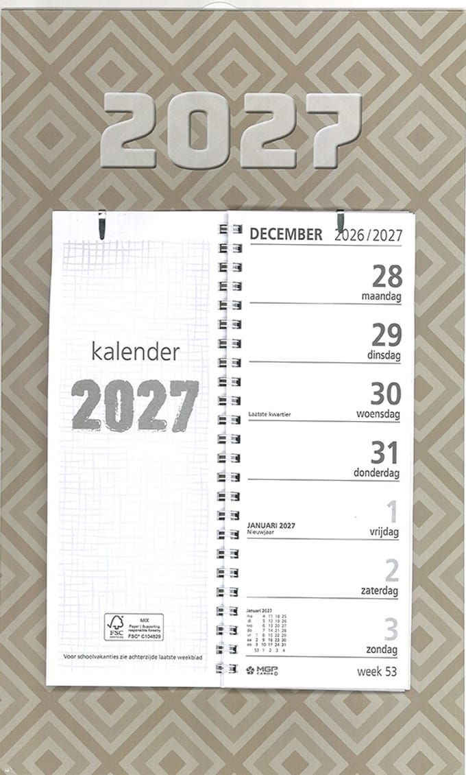 MGPcards - Omleg Weekkalender - 2027 - 21 x 34 cm - Beige