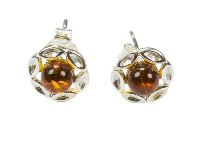 Zilveren knop oorbellen Barnsteen / Amber 925 zilver