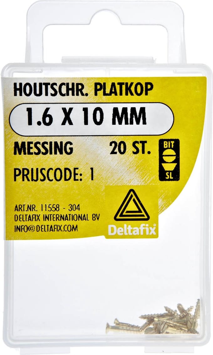 Deltafix. HOUT-SCHROEF.  PLATKOP. 1.6 x 10 MM .  MESSING. 20 Stuks Schroeven.