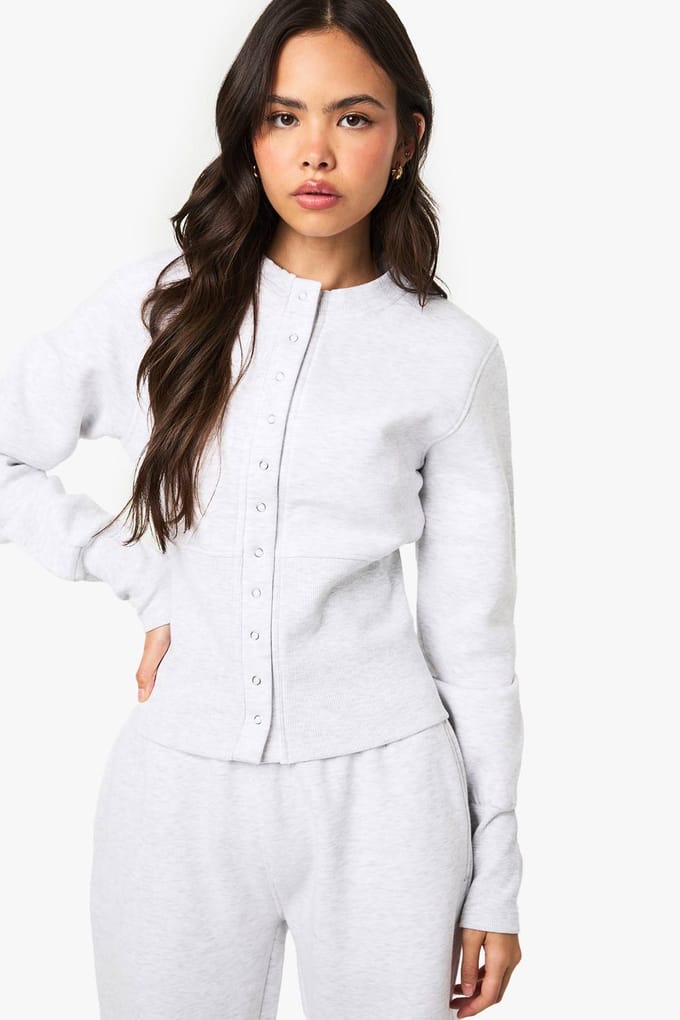 boohoo Dames Diepe zoom Popper Bomber Sweatshirt Trainingspak | Asgrijs | Maat: Small