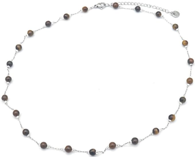 Ketting - Kralen Tijgeroog - RVS - Lengte 39-44 cm - Zilverkleurig