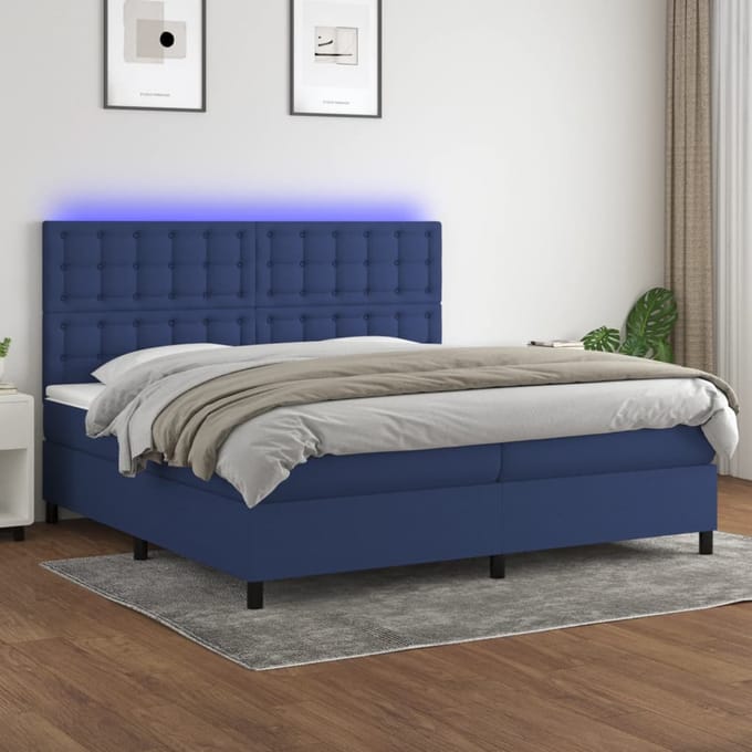 vidaXL - Boxspring - met - matras - en - LED - stof - blauw - 200x200 - cm