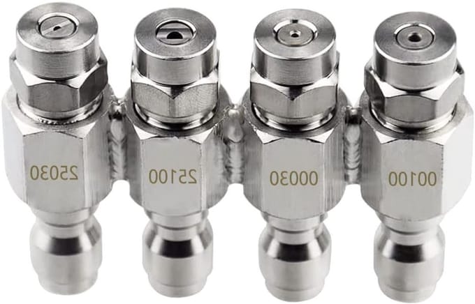 High Pressure Washer Nozzle - 4-Way Soft Spray, 1/4 Inch, Quick Connect, RVS, Voor Efficiënt Schoonmaken en Tuinonderhoud