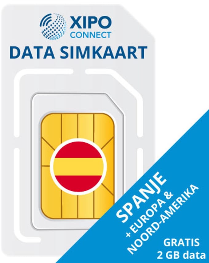 XIPO CONNECT - Data Simkaart Spanje + 2GB Data - Snel 4G & 5G internet - Data only simkaart - Data is 365 dagen geldig + onbeperkt verlengbaar