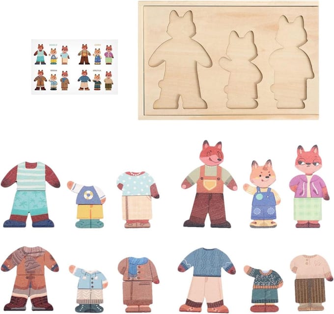 Houten Puzzelbord - Aankleed Spel - Fantasie Spel - Outfit Combinaties - 22.7 x 14.8 cm - Multicolor