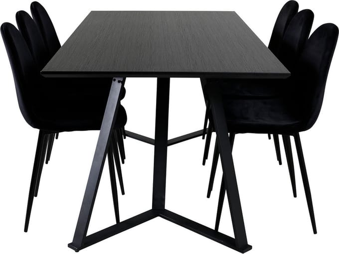MarinaBLBL eethoek eetkamertafel zwart en 6 Polar eetkamerstal velours zwart.
