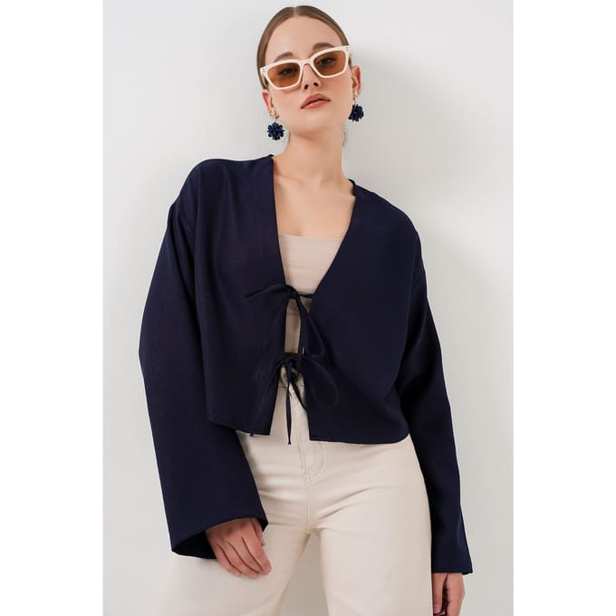 Viscose Mix V-hals Lange Mouwen Kimono met Binding Detail