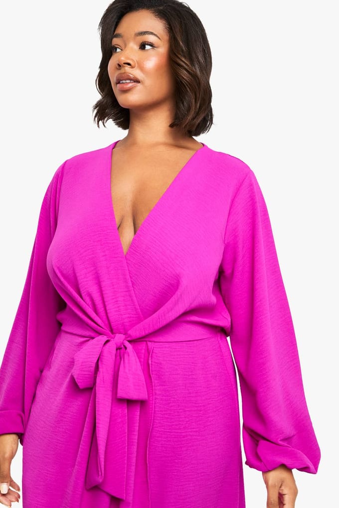 boohoo Dames Plus Textured Maxi-jurk met binddetail | Fuchsia | Maat: 48