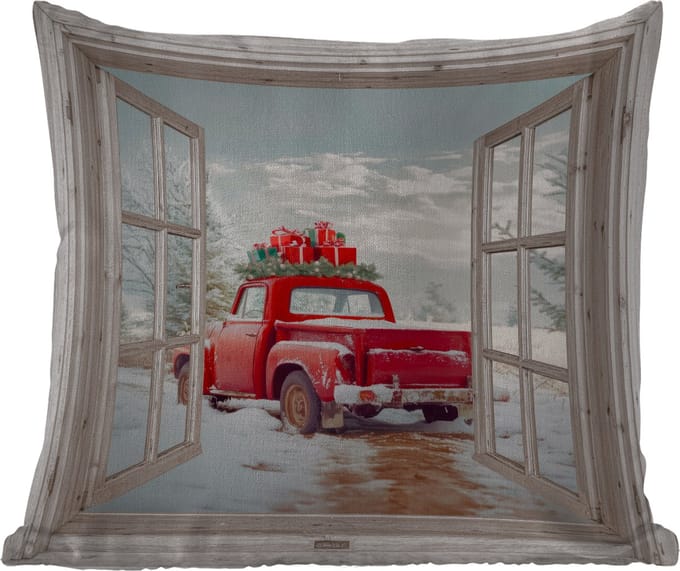Tuinkussen - Auto - Rood - Cadeaus - Winter - Kerst - Doorkijk - Wit - 40x40 cm - Weerbestendig