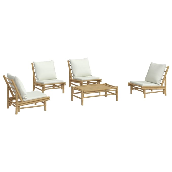 vidaXL - 5-delige - Loungeset - met - kussens - bamboe - crèmewit