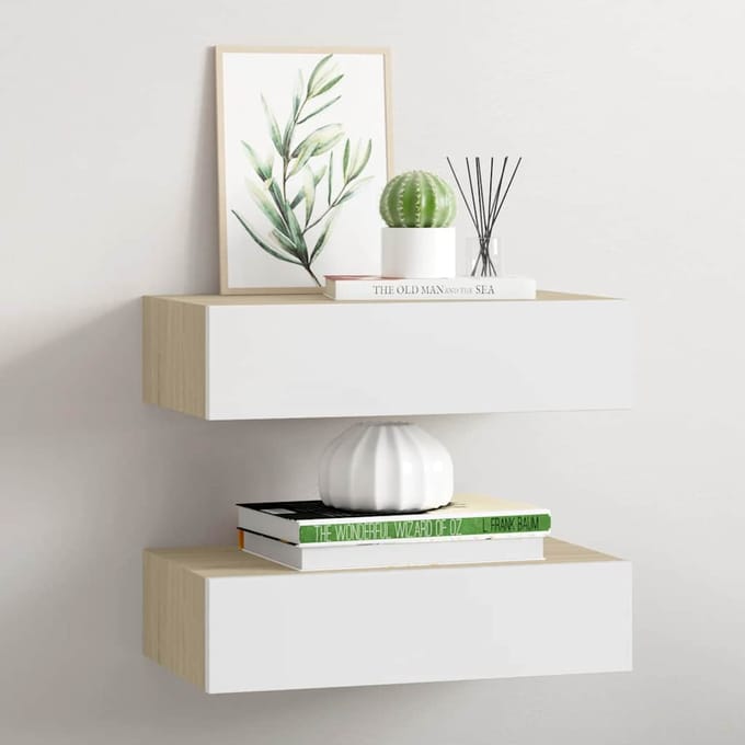 vidaXL - Wandschappen - 2 - st - met - lade - 40x23,5x10 - cm - MDF - eikenkleur - en - wit
