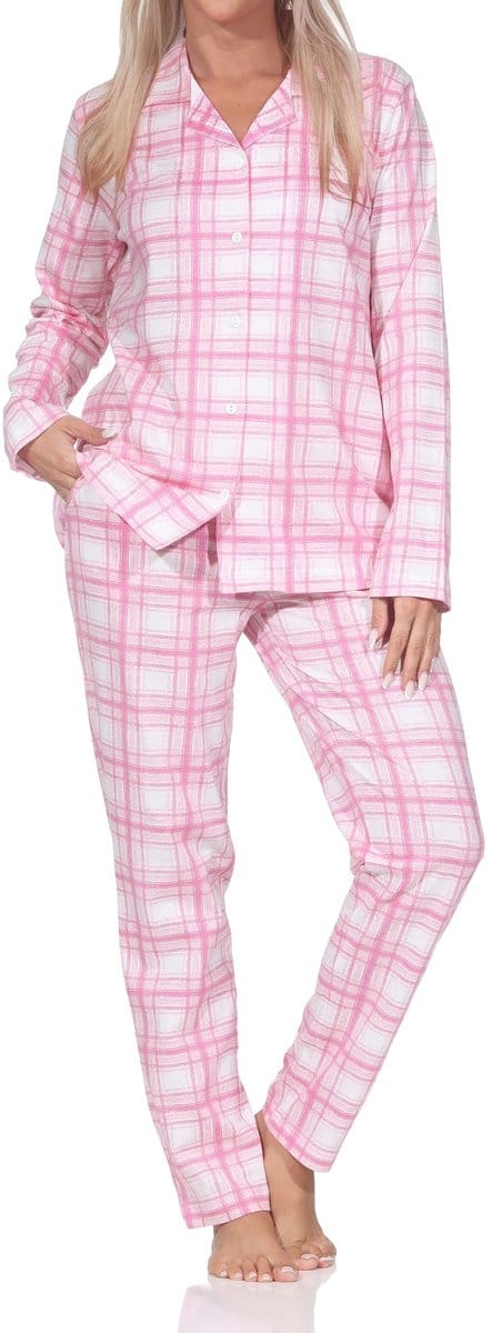 Normann dames jersey pyjama lange mouw knoopsluiting in ruitlook - ook in grote maten