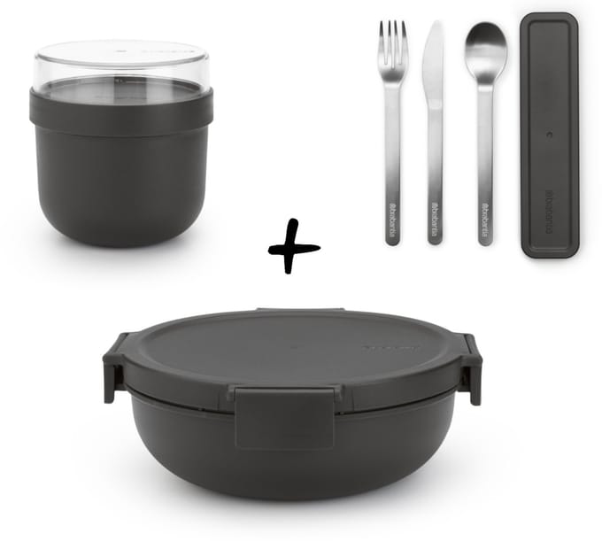 Brabantia Make & Take Set - Salade Lunchbox + Bestekset 3-delig + Yoghurtbeker - Dark Grey