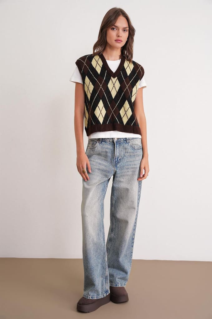 V-hals gebreide sweatervest met ruitpatroon