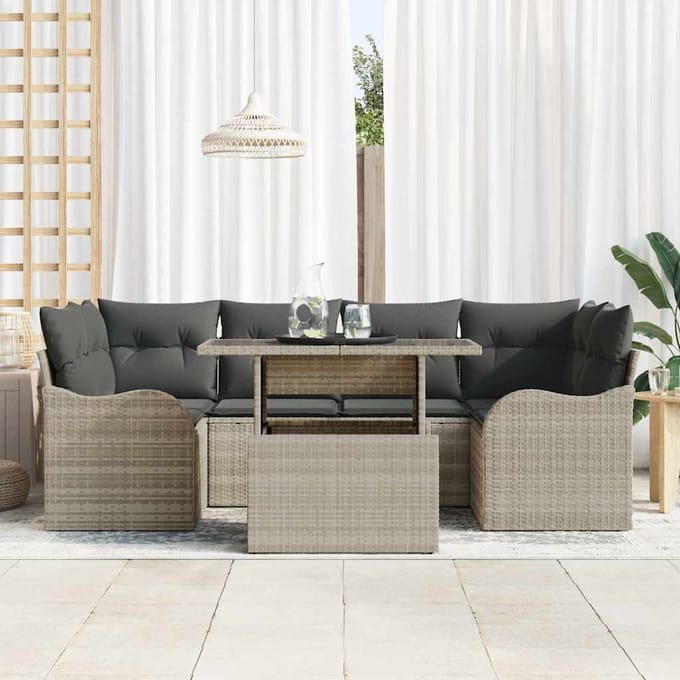 vidaXL - Tuinbank - Set - 7 - st - 6-zits - Lichtgrijs - [Synthetisch]: - Poly - Riet