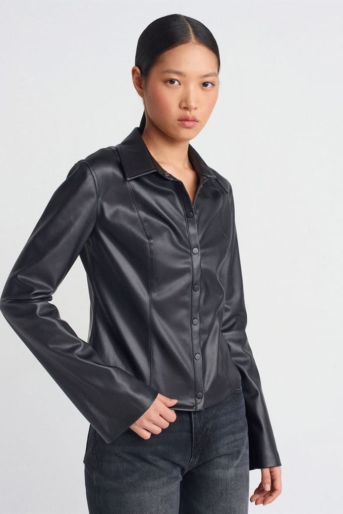 Slim Fit Faux Leer Shirt