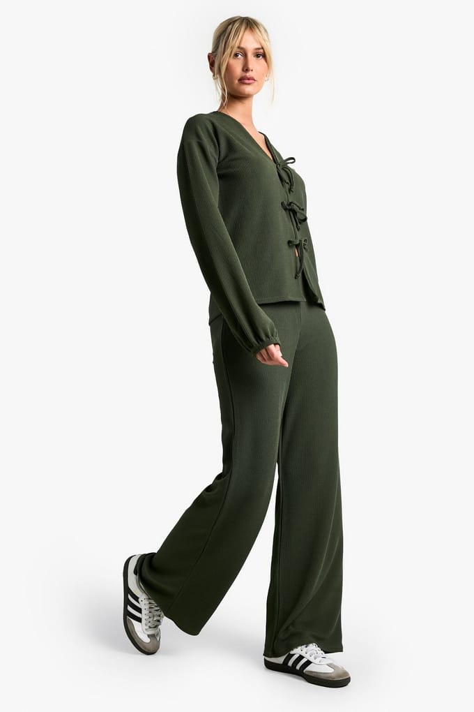 boohoo Dames Geribbelde Blouse met Voorstrik en Broek Co-ord | Kaki | Maat: 36