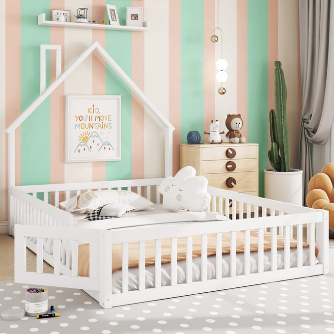 Kinderbed - 140x200 cm - Schoorsteenvorm - Met Lattenbodem en Frame - Grenenhout - Wit