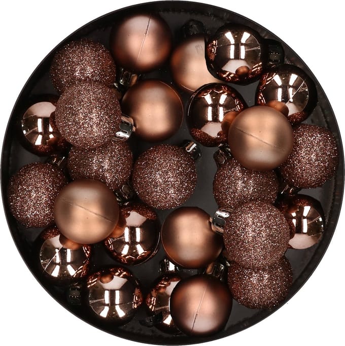 Decoris Kerstballen - 28 ST - mini - walnoot bruin - kunststof - 3 cm - glans/mat/glitter