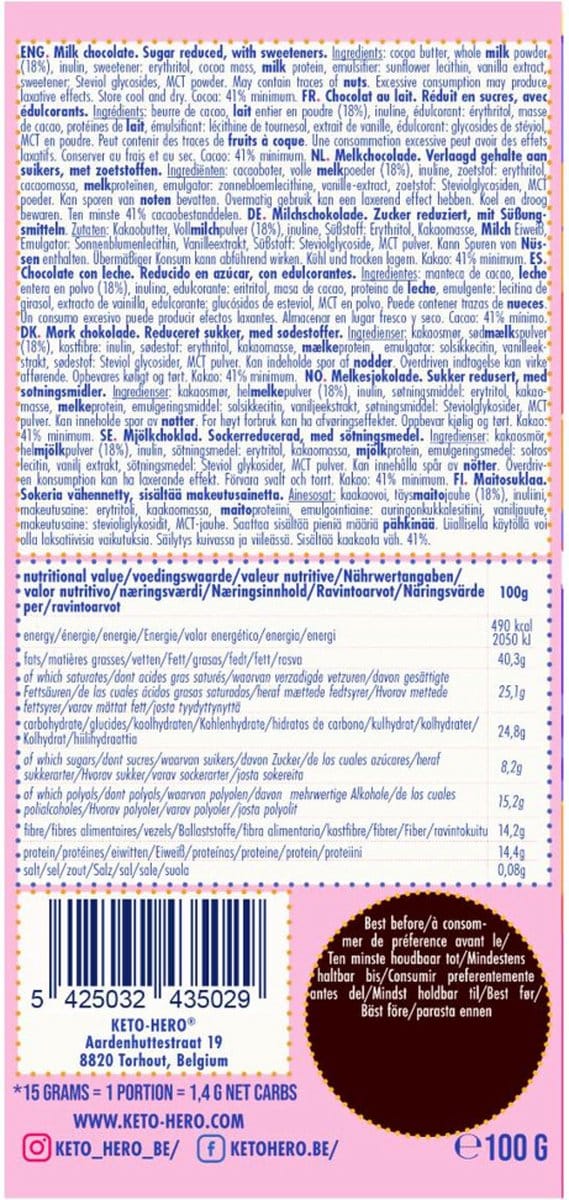 Keto Hero Chocolade Reep Melk - 100 gr