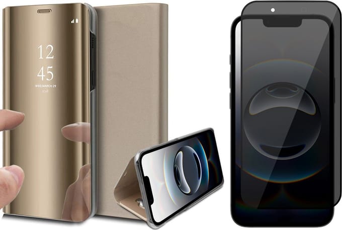 Hoesje geschikt voor iPhone 16e - Privacy Screenprotector Volledig Dekkend Glas - Spiegel Book Case Goud