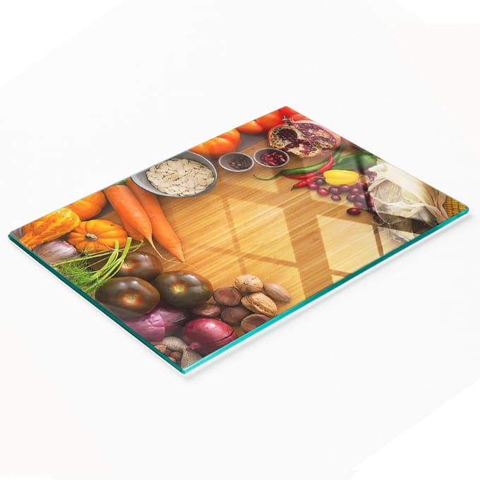 Decoratieve snijplank van gehard glas met herfstgroentenmotief, 80x52 cm