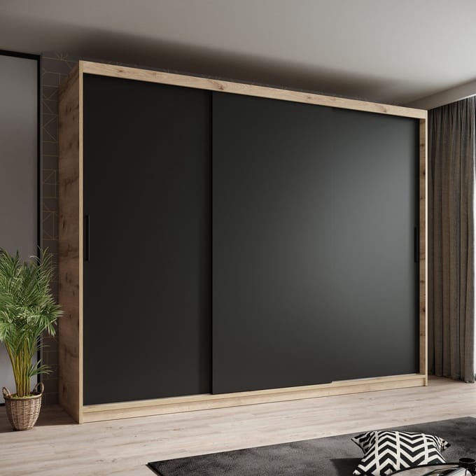Meubella - Kledingkast Luxor - Zwart - Eiken - 250 cm