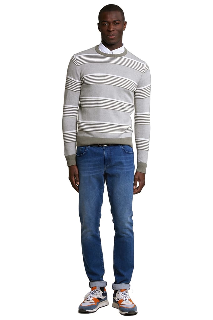 River Woods Custom Fit Cotton Striped Crew Neck Pullover Lt Safari Green Größe: S | Pullover Outlet | Herren | Grün