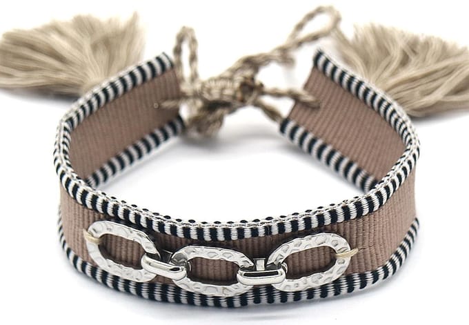 Stoffen Armband Dames - RVS Schakel - Lengte Verstelbaar - Bruin en Zilverkleurig