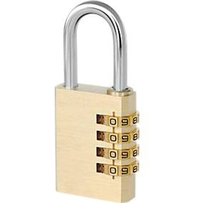 Cijfer hangslot, 4 cijferwieltjes, beugelhoogte 40 mm, dubbele vergrendeling, messing massief