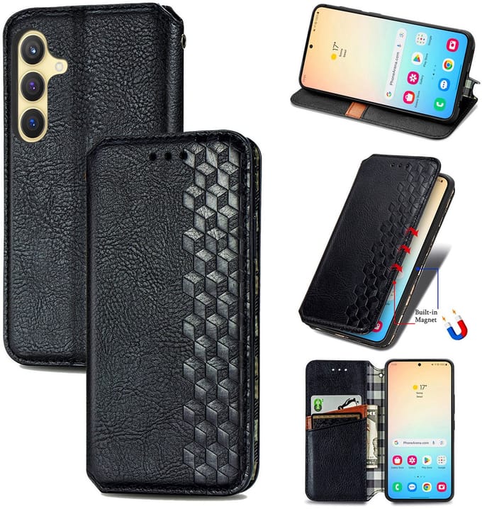 Luxe PU Lederen Ruitpatroon Wallet Case + Screenprotector voor Galaxy S24 _ Zwart