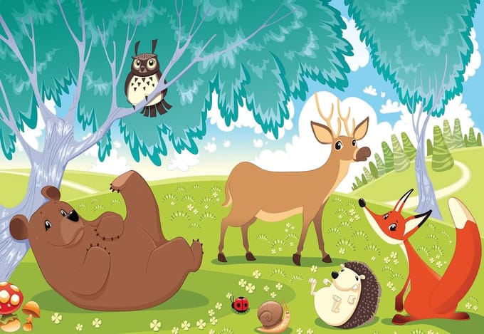 Fotobehang  Animals In Forest | XL - 208cm x 146cm | 130g/m2 Vlies