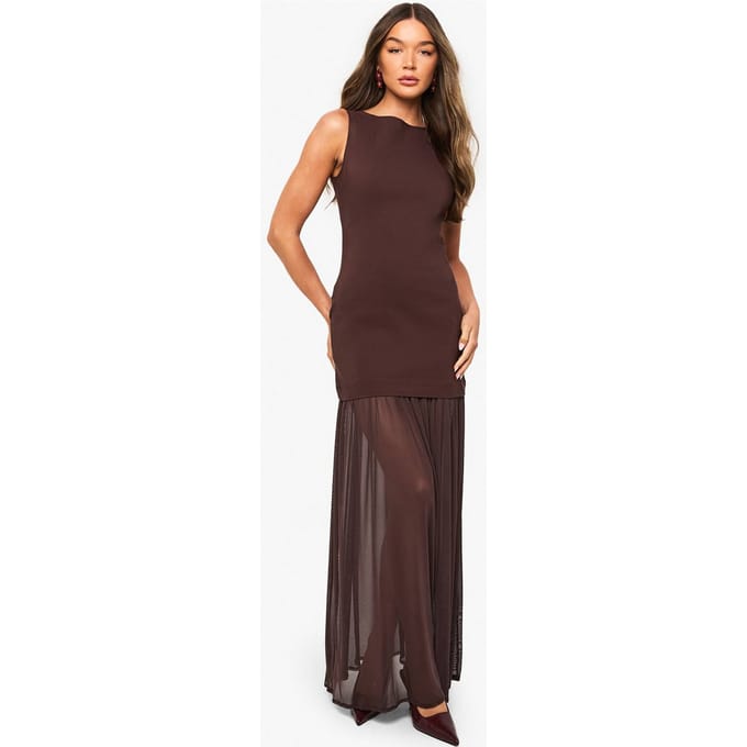 boohoo Dames Sheer Hem Mouwloze Maxi Jurk | Chocoladebruin | Maat: 38