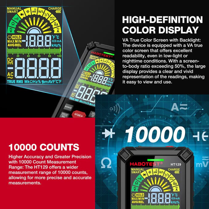 HABOTEST HT129 Intelligente multimeter Slimme digitale multimeter Kleurenscherm Handheld Digital HT129 zwart