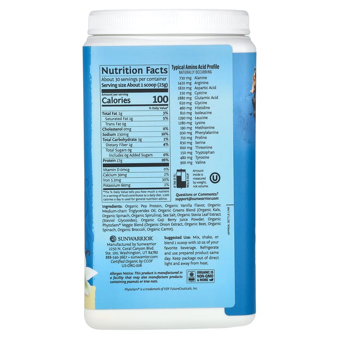 Sunwarrior Warrior Blend + Greens Organic (750g) Vanilla - Eiwitten - Veganistisch eiwit
