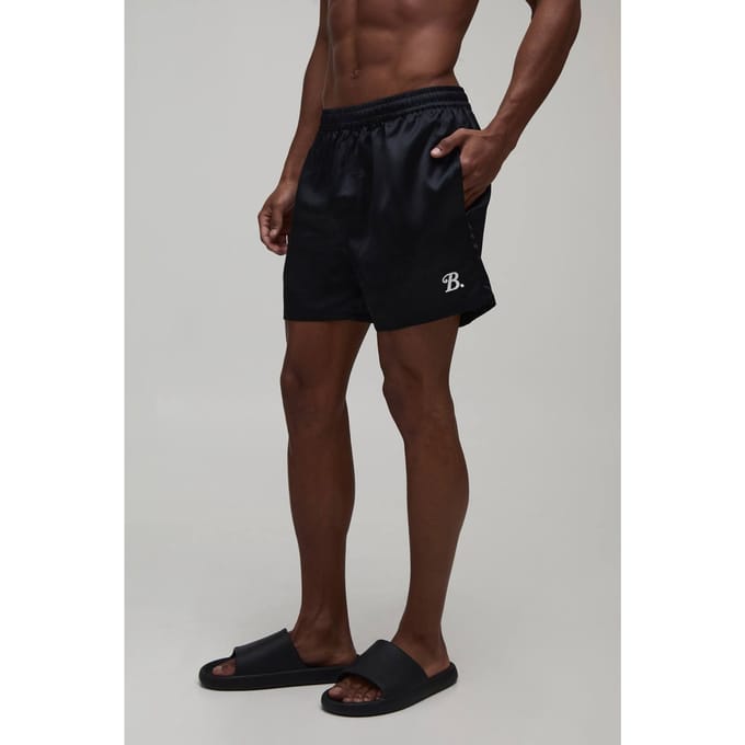 Relaxed fit Satin Boxer Style Embroidered Short | Black | Size Small