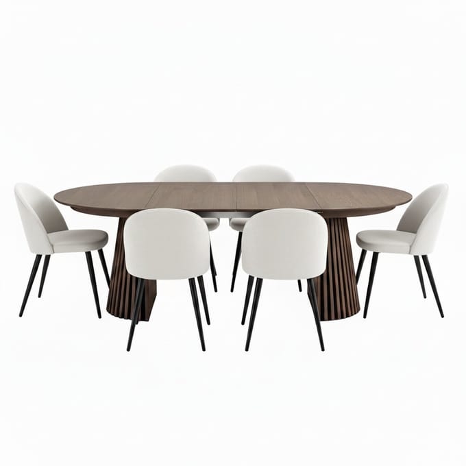 Tokyo eethoek eettafel smoked, 6 stoelen met beige ribfluweel bekleding.