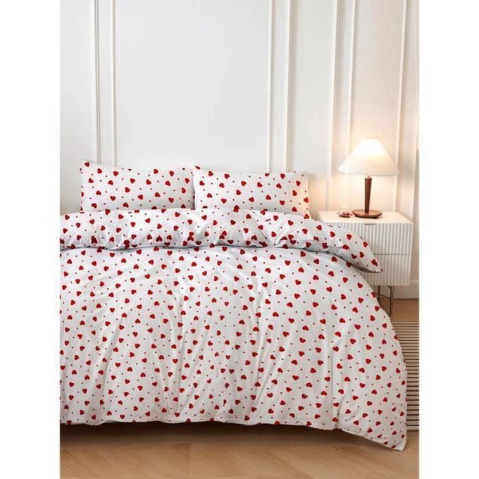 Parure de lit - 1 housse de couette 220 x 240 cm + 2 taies d'oreiller 60 x 60 cm - 50% coton, 50% polyester - Rouge blanc